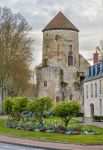 La torre Goguin del XII° secolo a  Nevers, Francia. In primo piano, un'aiuola fiorita. 
