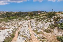Misteriosi solchi di un carro antico a Misrah Ghar il-Kbir aka Clapham Junction, Siggiewi, Malta. Si tratta di un sito preistorico nei pressi delle scogliere Dingli.



