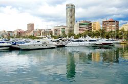 Panorama della marina di Alicante con yachts ormeggiati, Comunità Valenciana, Spagna. La città sorge ai piedi di una collina che si affaccia sul Mar Mediterraneo al centro di una ...