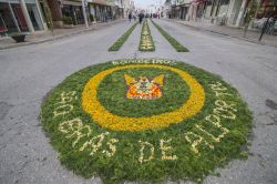 La tradizionale processione religiosa delle torce di fiori ospitata nel villaggio di Sao Bras de Alportel, Portogallo. Le antiche "tochas", termine che un tempo indicava le candele ...