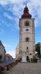 Ptuj, cittadina della Slovenia: la torre campanaria della cattedrale di San Giorgio.
