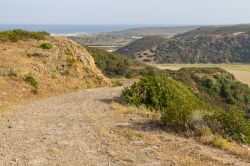 Strada sterrata per Carrapateira con montagne e vegetazione, Algarve, Portogallo.



