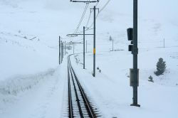 Un tratto innevato della linea ferroviaria dello Jungfrau, nei pressi di Grindelwald, Svizzera.
