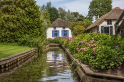 Un piccolo cottage affacciato su un canale di Giethoorn, Paesi Bassi.
