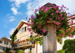 Una bella fontana con fiori a Vevey, cantone Vaud, Svizzera. Nota anche come "perla della Riviera svizzera", Vevey si distingue per essere una città raffinata con una vista ...