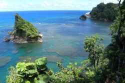 Una suggestiva veduta dell'Oceano Atlantico con scogliere e rocce a Dominica, Caraibi.

