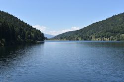 Veduta del lago delle Piazze nei pressi di Bedollo, Trentino Alto Adige. Sorge tra le boscose pendici del Ceramonte e del Dosso di Costalta. Tramite una passeggiata si può effettuare ...