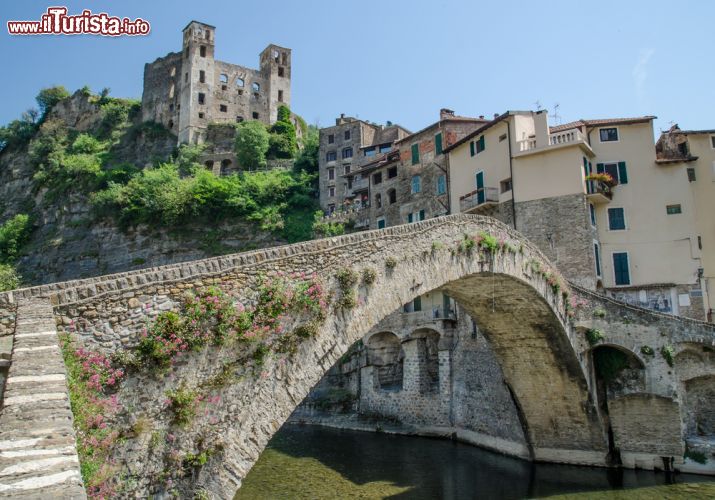 Immagine Il ponte romanico di Dolceacqua, Imperia, Italia - Edificato alla nascita del nuovo quartiere del borgo medievale nel XV° secolo, questo bel ponte ad arco di 33 metri collegava le due parti di Dolceacqua. Claude Monet, il celebre pittore francese, agli inizi del 1884 visitò questo piccolo comune della provincia di Imperia dipingendo in molte sue tele il castello e il ponte romanico © rugco / Shutterstock.com