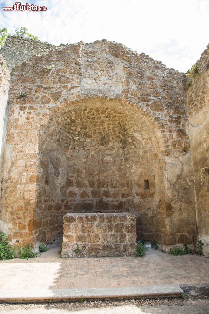 Immagine Le rovine della chiesa di San Rocco nella città fantasma di Monterano, Roma, Lazio. Affacciato su piazza Lunga e situato nei pressi del palazzo ducale, l'edificio religioso risale al XV° secolo, L'interno a navata unica conserva l'abside con l'altare.