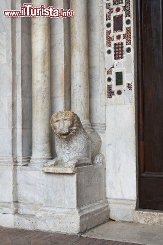 Immagine Dettaglio decorativo della cattedrale dei Cosmati a Civita Castellana, Lazio. Alla base di una delle colonne fra cui è racchiuso il portale centrale del duomo vi è un leone seduto - © Mi.Ti. / Shutterstock.com