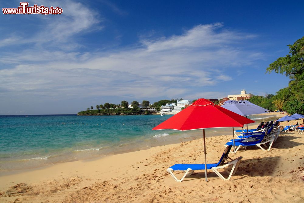 Immagine Spiaggia caraibica con sdraio e ombrelloni a Sosua, Repubblica Domenicana.