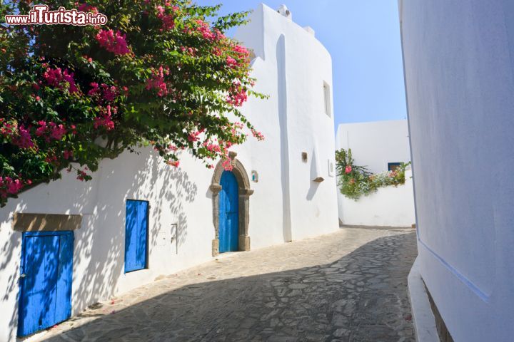 Immagine Strade di Panarea, Sicilia - Una delle caratteristiche viuzze dell'isola delle Eolie su cui si affacciano le abitazioni dalle facciate intonacate di bianco e impreziosite con porte azzurre e fiori dai mille colori © Natalia Macheda / Shutterstock.com