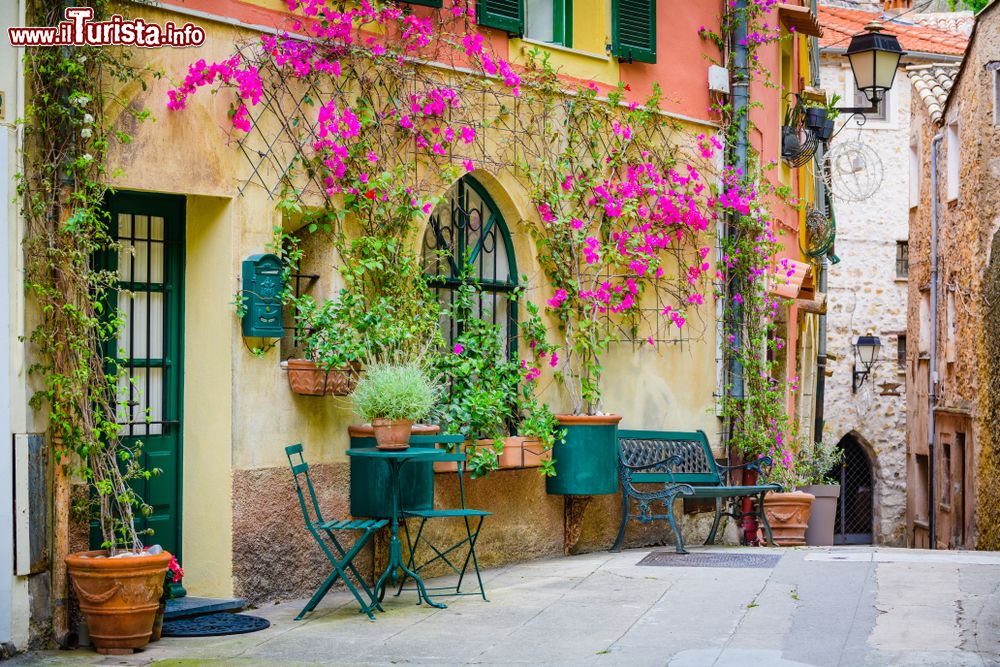 Immagine Street view del centro storico di Roquebrune-Cap-Martin in Costa Azzurra: una tipica viuzza con fiori e piente.