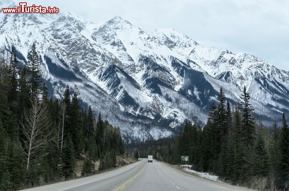 Immagine Un camion sulla Trans-Canada Highway (Hwy 1) fuori Revelstoke (Canada). Si tratta di un sistema di autostrade misto a strade di giurisdizione federale e provinciale che  unsice le dieci province del Canada.