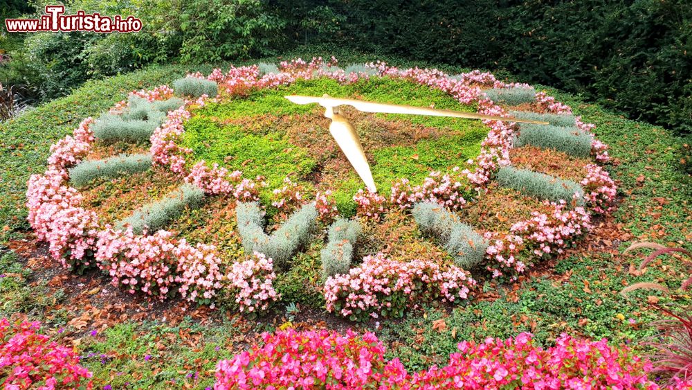 Immagine Un colorato orologio di fiori in un giardino di Garmisch-Partenkirchen, Germania.