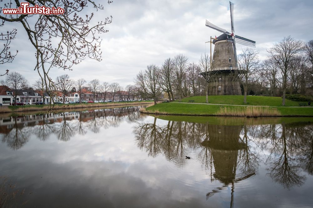 Immagine Un mulino a vento nella città di Middelburg (Olanda) in una soleggiata giornata invernale.