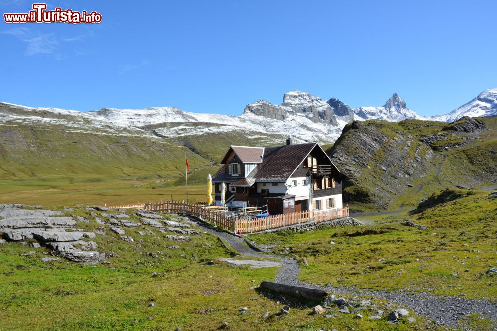 Immagine Una baita ristoro a Glattalp, valle di Muotathal, Svizzera. Si possono degustare formaggi alpini e altri prodotti gastronomici tipici. 