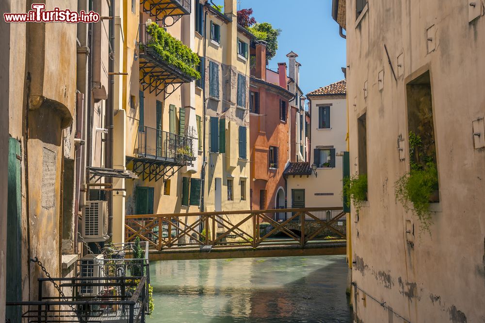 Immagine Una passerella in legno attraversa un canale di Treviso, Veneto. Questa bella città si trova vicino a Venezia, Padova e Vicenza.