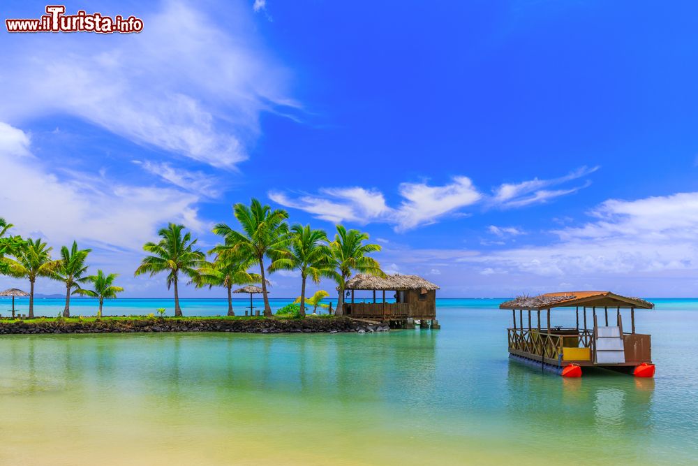 Immagine Una pittoresca veduta del mare dalla spiaggia di Apia, Samoa, con capanna, palme e barca.