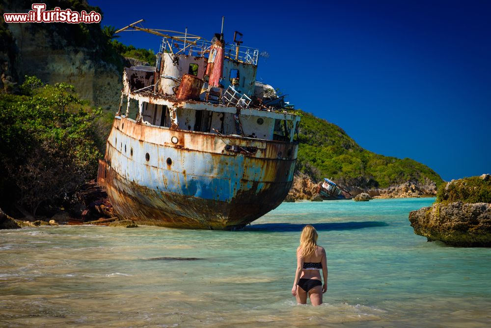 Immagine Una ragazza bionda in bikini nelle acque del mare Caraibico a Anguilla. Sullo sfondo ciò che resta di una nave naufragata vicino alla spiaggia.