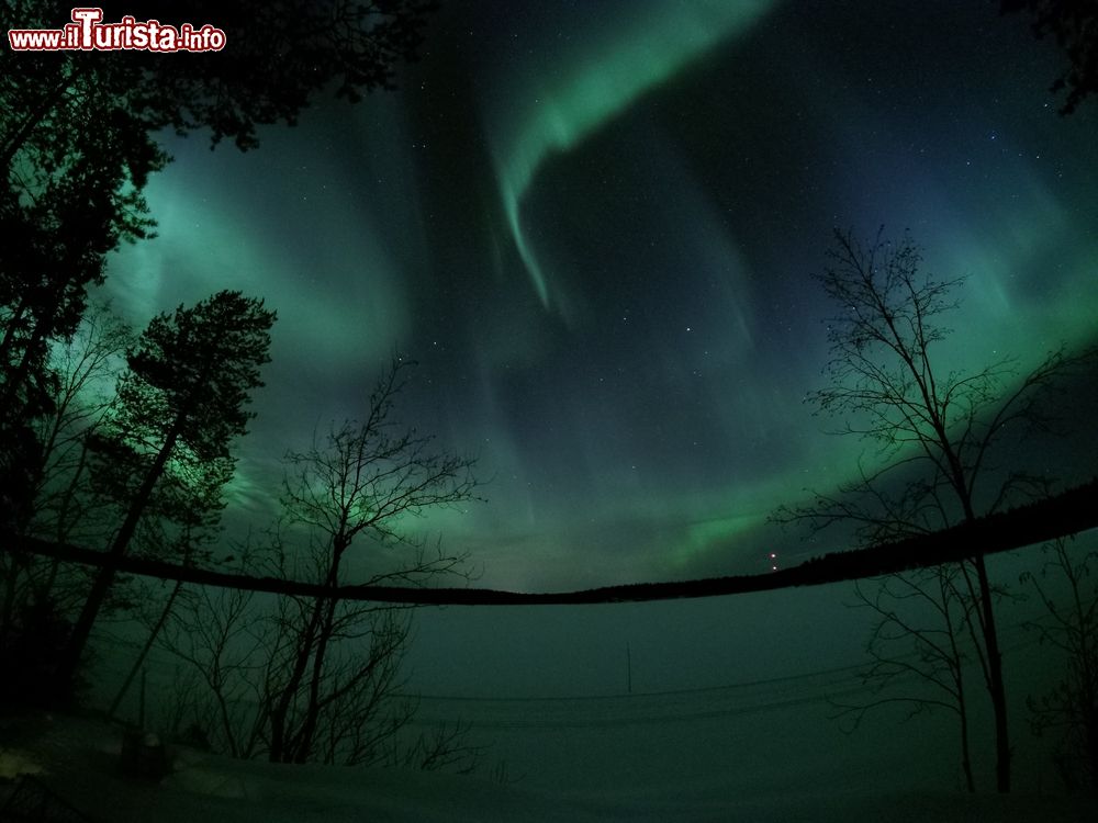 Immagine Una spettacolare immagine dell'aurora boreale a Kuusamo, Lapponia, Finlandia. Questo fenomeno ottico dell'atmosfera terrestre regala un inedito spettacolo della natura con tonalità del rosso, verde e azzurro nel cielo.