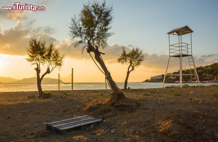 Immagine Una spiaggia di Scala, isola di Angistri, con campo da pallavolo e alberi al tramonto - © siete_vidas / Shutterstock.com