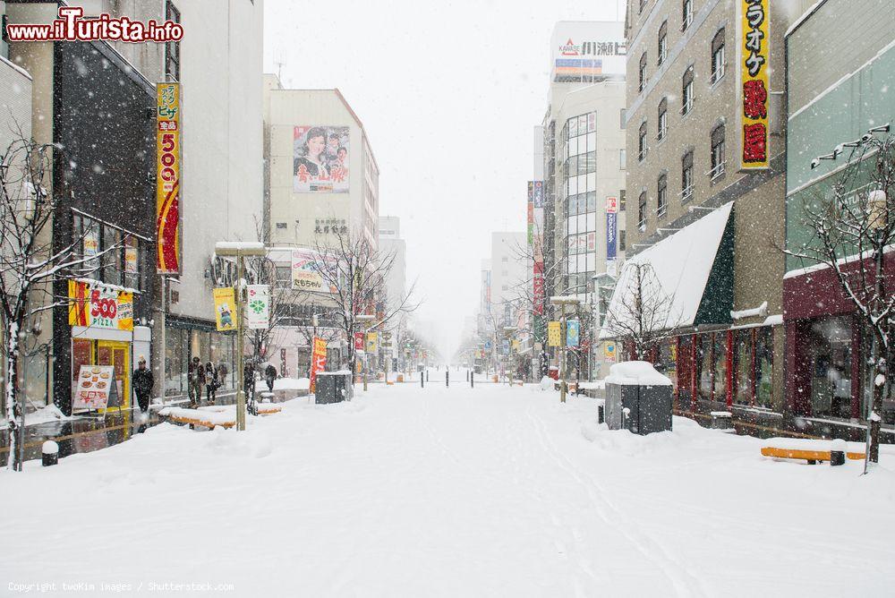 Immagine Una strada innevata di Asahikawa, Giappone. La città detiene il primato per le maggiori precipitazioni nevose annue - © twoKim images / Shutterstock.com