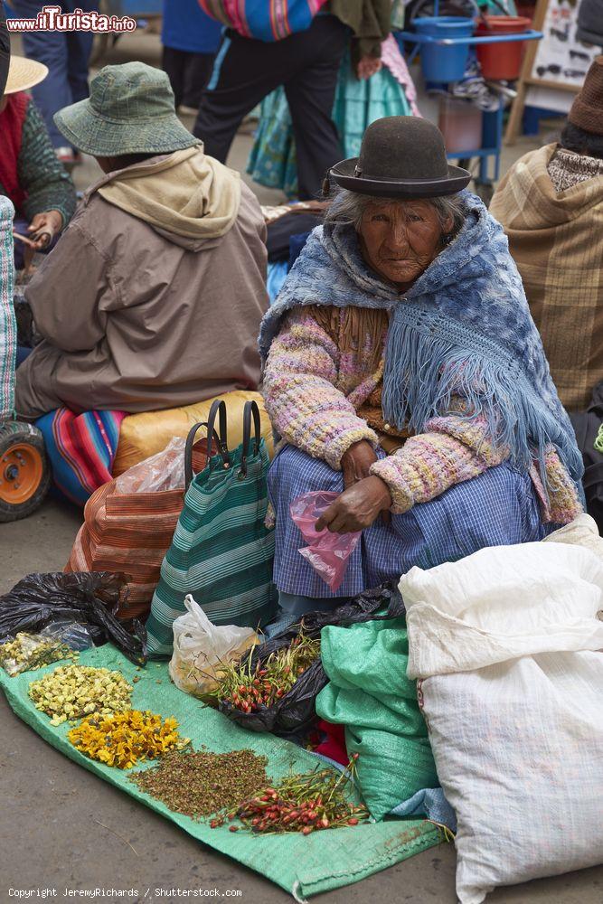 Immagine Un'anziana signora con la bombetta in testa vende fiori al mercato di Oruro, Bolivia - © JeremyRichards / Shutterstock.com