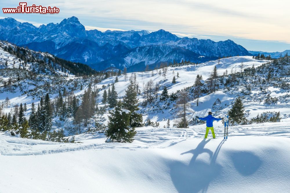 Immagine Uno sciatore sulla neve fresca a Nassfeld, Carinzia, Austria. Fra i top 10 dei comprensori sciistici dell'Asutria, Nassfeld affascina per la varietà delle piste e per il panorama montano mozzafiato.