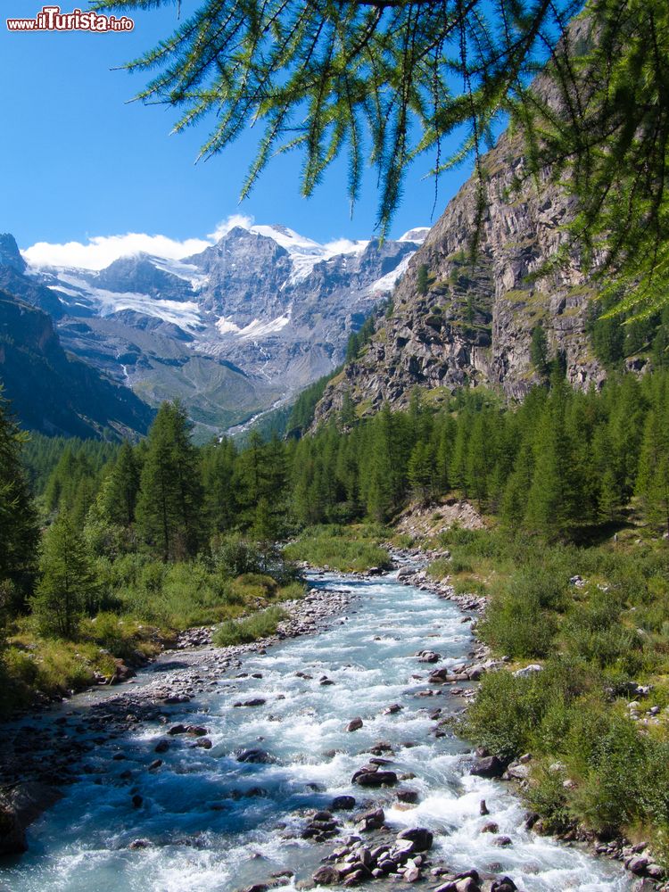 Immagine Uno scorcio del torrente di Valnontey nell'omonima vallata a Cogne, Valle d'Aosta. Al culmine della vallata si trovano le più importanti vette del massiccio del Gran Paradiso e il ghiacciaio del Gran Crou.