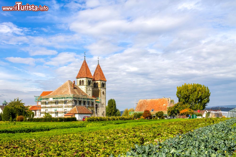 Immagine Uno scorcio panoramico dell'isola di Reichenau, lago di Costanza, Germania. L'isola è collegata alla terraferma tramite un ponte diga.