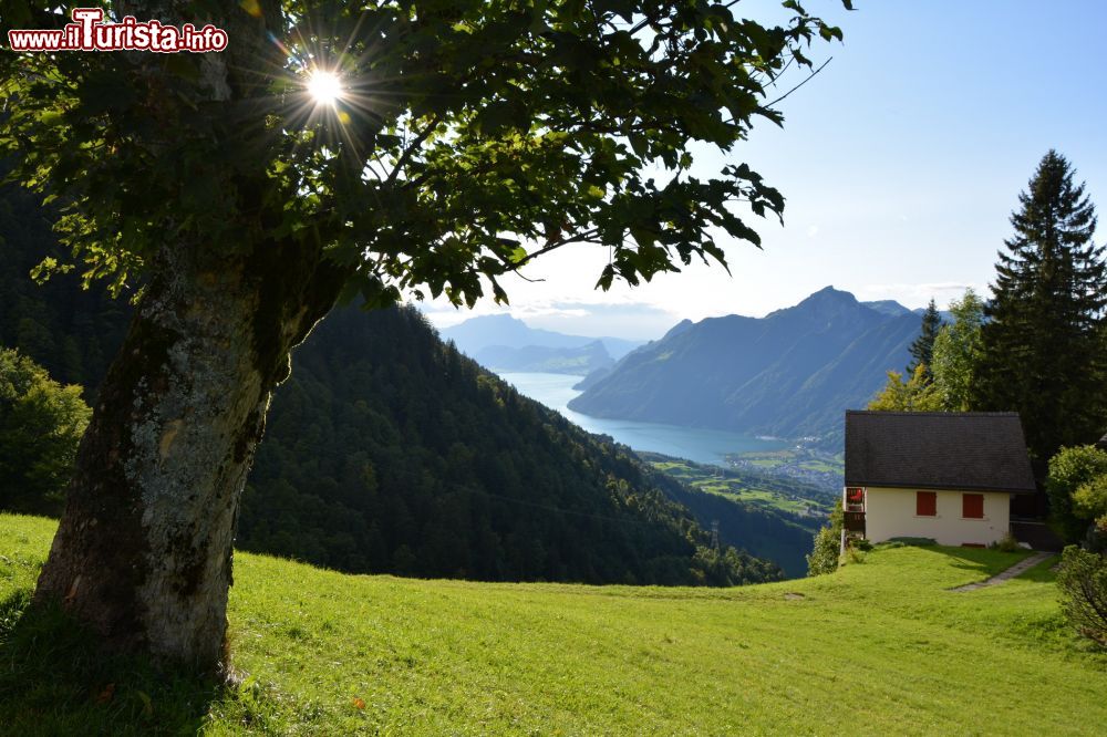 Immagine Uno splendido panorama di Stoos nel Canton Svitto, Svizzera. Nel bel mezzo della natura alpina svizzera sorge il borgo di Stoos, un luogo adatto ai bambini, lontano dal traffico automobilistico e multi sfaccettato.