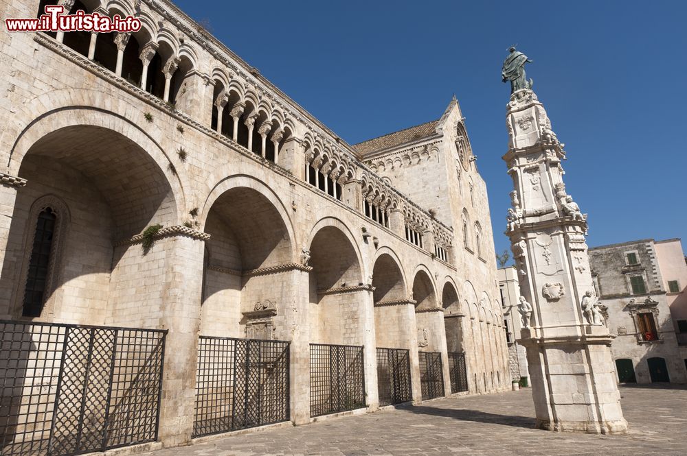 Immagine Veduta della cattedrale di Bitonto con la Guglia dell'Immacolata, Puglia. Quetso piccolo obelisco in stile barocco si trova su piazza Cattedrale: venne realizzato in seguito a una scossa di terremoto avvenuta nel 1731.