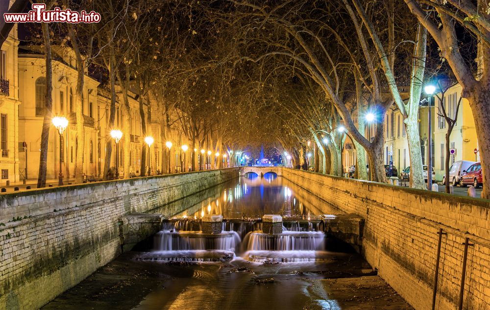 Immagine Veduta di Quais de la Fontaine by night a Nimes, Francia: questo popolare canale ombreggiato da gelsi e popolato da cigni conduce a piazza Antonin.