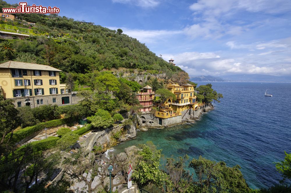 Immagine Veduta di un tratto costiero di Portofino, Genova, Liguria. La città è situata nella parte occidentale del Golfo del Tigullio.