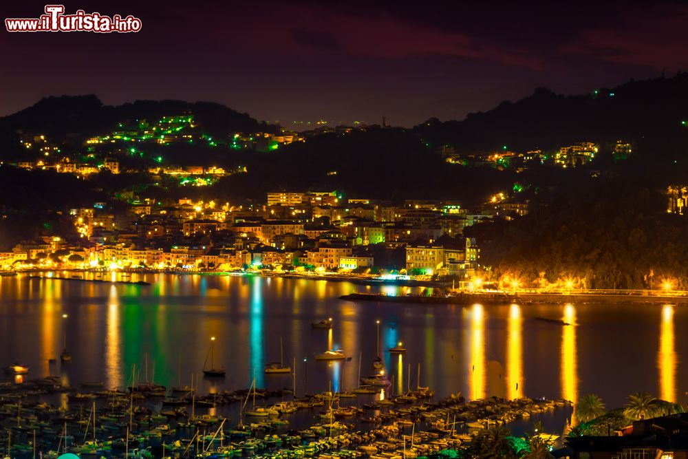 Immagine Vista serale di Lerici (La Spezia), con il porto in primo piano e la cittadina illuminata che si riflette sull'acqua.