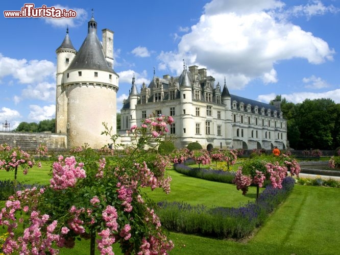 Immagine Il Castello di Chenonceau si presenta con la sua livrea di colori a tarda primavera, con i giardini riccamente fioriti e il cielo elettrico, trapuntato di nuvole - © VICTOR TORRES / Shutterstock.com