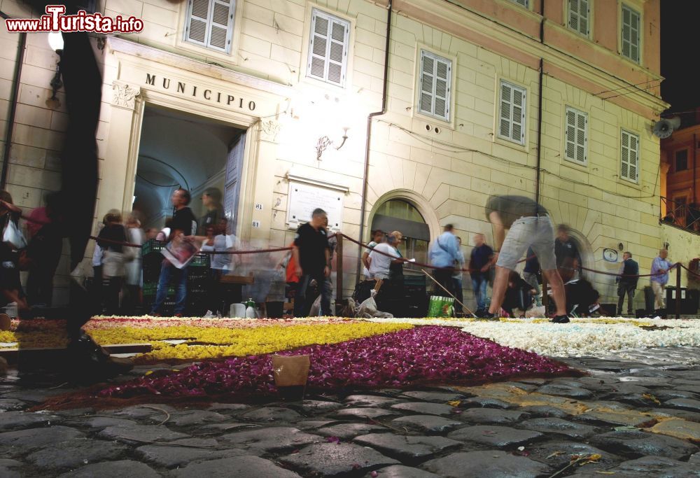 Immagine La posa serale dell'Infiorata di Genzano di Roma: i petali preparati in precedenza con la tecnica dello "spelluccamento" vengono posizionati sui disegni in gesso creati sul corso principale cittadino