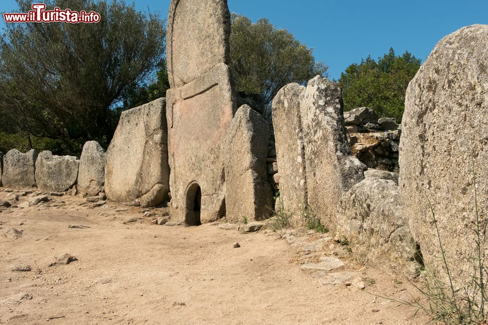 Immagine La Tomba dei Giganti di Li Lolghi a Arzachena, Sardegna. Costruita in più fasi, similmente ad altri edifici del territorio gallurese, a partire dall'età del bronzo, è stata poi riadattata a tomba dei giganti con l'ampliamento della camera funeraria. La stele centrale, dotata di ingresso, si eleva per circa 4 metri.