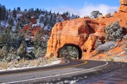 Le rocce imponenti del Zion National Park dello Utah, USA, in certi caso hanno dovuto fare spazio all'intrusione dell'uomo. Come questa formazione di arenaria rossa, in cui è ...