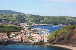 La cittadina di Horta nell'omonima baia, isola di Faial, arcipelago delle Azzorre, Portogallo. Città principale nonchè una delle più viviaci dell'intero arcipelago, ...