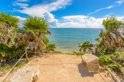 Rovine maya vicino alla spiaggia di Tulum, Messico. Questa località visse il suo periodo di maggior splendore alla fine del 1000 d.C.: la più bella delle sue strutture, detta "castillo", ...