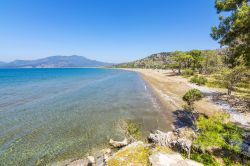 Un tratto della spiaggia di Iztuzu a Dalyan, Turchia. Rifugio per le tartarughe comuni, dal 1988 quest'area è divenuta protetta.
