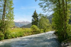 Uno scorcio estivo della valle di Tuxertal con il fiume Tux e le alpi di Zillertal, Austria. Siamo nei pressi del villaggio di Juns e del ghiacciaio di Hintertux.

