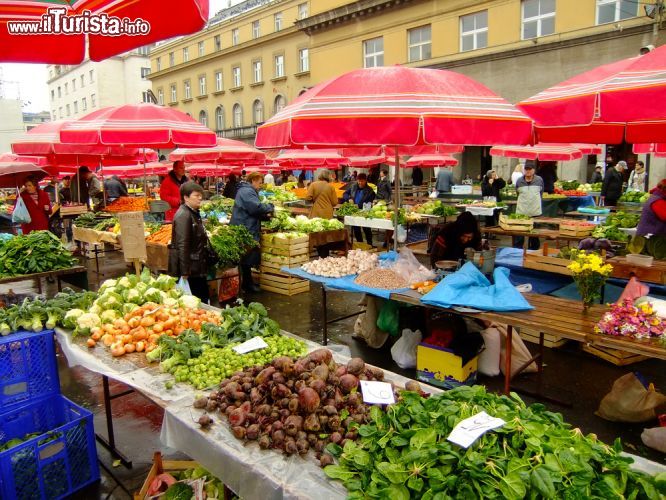 Immagine La frutta e le verdure del Dolac Market sono esposte con cura, sotto una distesa di obrelloni rossi che riparano la merce dal sole e dai rovesci di pioggia tipici di Zagabria  - © Don Mammoser / Shutterstock.com