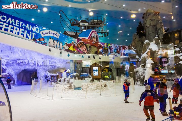 Immagine Attrazioni per bambini allo Ski Dubai, Emirati Arabi Uniti - Per i più piccoli lo Ski Dubai ospita anche un parco a tema a loro dedicato con percorsi su slittino e giochi nelle caverne di ghiaccio. Da non perdere neppure la divertente marcia dei pinguini con questi simpatici uccelli acquatici protagonisti di diversi spettacoli giornalieri © S-F / Shutterstock.com