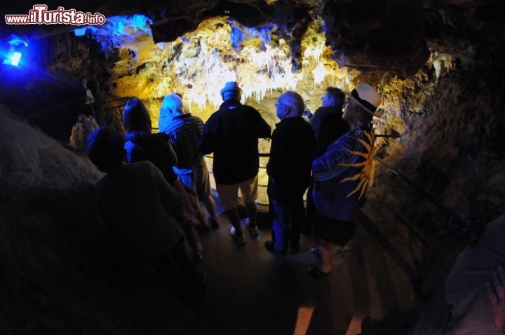 Immagine Il punto visitabile più profondo della grotta si trova a 40 metri nel sottosuolo dove il pubblico può ammirare una voragine a cui ci si affaccia da una balconata panoramica. Lo si raggiunge attraverso una scalinata sovrastata sul soffitto da bizzarre formazioni fra cui una stalattite a forma di coda di maiale e altre a grappoli d'uva. Quando piove, sulle pareti scorrono due cascate di acqua che viene appositamente colorata con della fluorescina verdastra che, a luci spente, rende l'atmosfera ancora più suggestiva - © Sonja Vietto Ramus