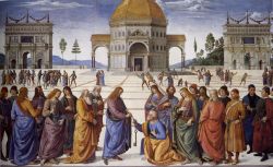 Gesù consegna le chiavi a San Pietro, l'opera di Pietro Perugino si trova nella Cappella Sistina a Roma - All'interno di quest'opera non si trova solo una raffigurazione simbolica ...