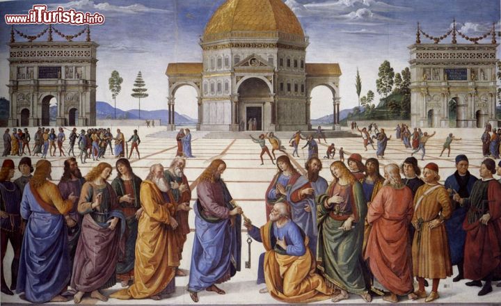 Immagine Gesù consegna le chiavi a San Pietro, l'opera di Pietro Perugino si trova nella Cappella Sistina a Roma - All'interno di quest'opera non si trova solo una raffigurazione simbolica circa l'avvenimento religioso ma, soprattutto, vi è una costruzione architettonica nello sfondo che fa intuire quanto non solo il Buonarroti abbia saputo scegliere una buona squadra, ma anche quanto questa sia stata in grado di essere autonoma - © Wikimedia Commons.