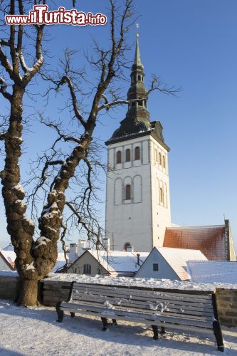 Immagine Torre campanaria di San Nicola a Tallin, fotografata in inverno dopo una nevicata - © Cloud Mine Amsterdam / Shutterstock.com